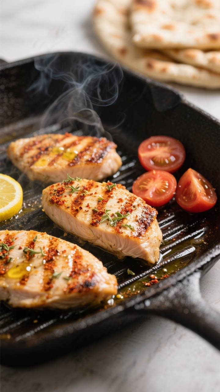 Cooking process close-up: Sliced marinated chicken cutlets sizzling on a preheated cast-iron grill p