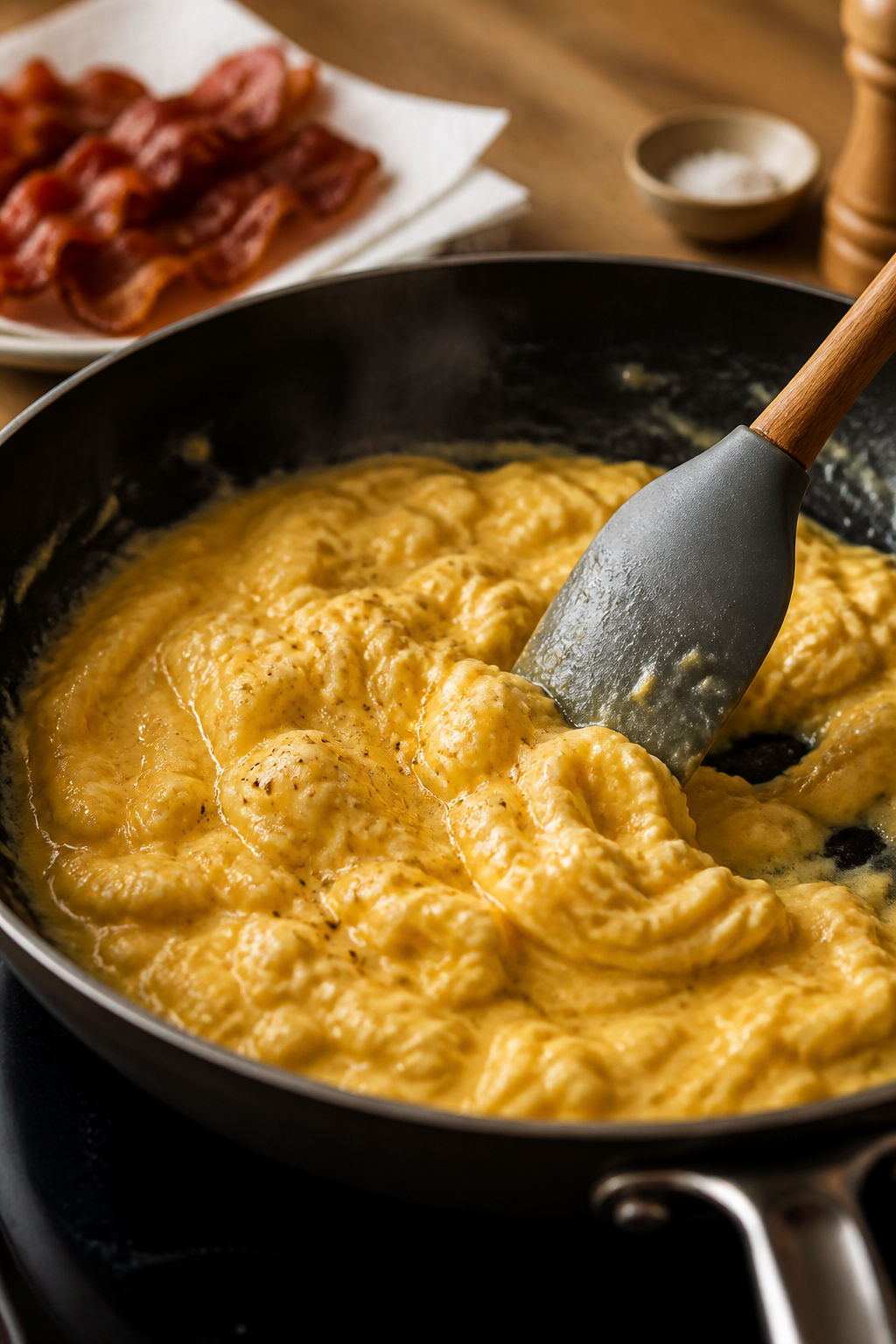 Cooking process close-up: Soft-scrambled eggs just set and glossy in a nonstick skillet over medium-