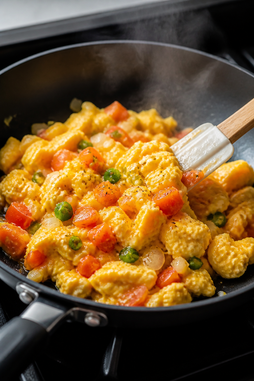Cooking process, close-up: Soft-scrambled Huevos a la Mexicana in a black nonstick skillet over medi