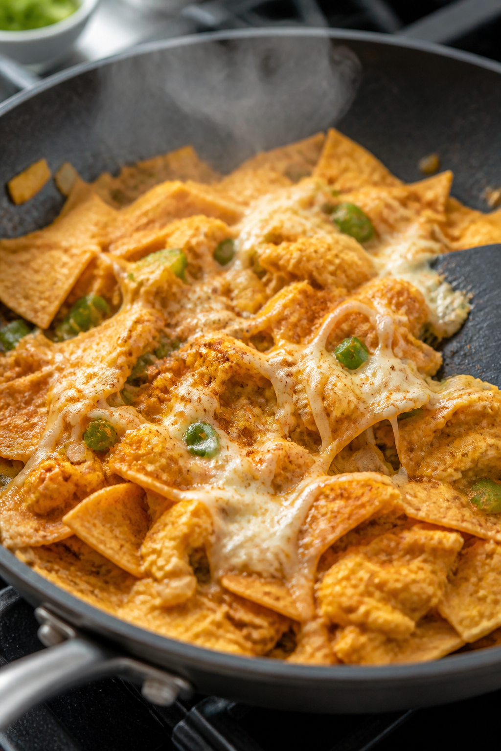 Cooking process close-up: Soft-scrambled migas in a nonstick skillet mid-cook, showing glossy curds 