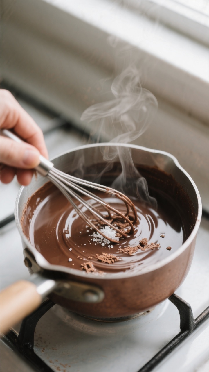 Cooking process close-up: Warm chocolate mint creamer base in a small saucepan, cocoa and sweetener 