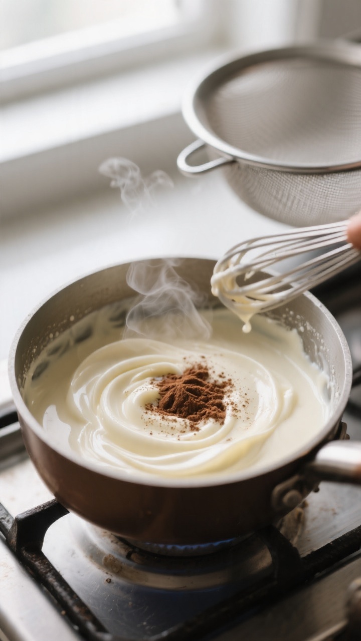 Cooking process close-up: Warm dairy base swirling in a small saucepan just off the heat, ribbons of