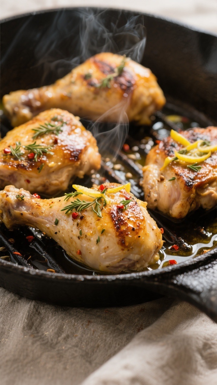Cooking process — Greek lemon-oregano chicken sizzling in a hot grill pan: golden-brown, lightly c