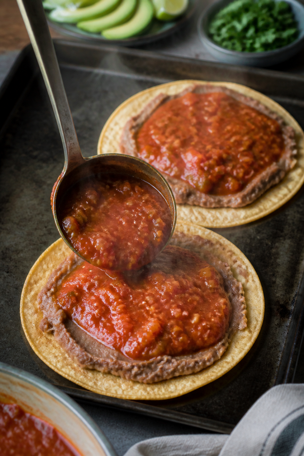 Cooking process: Huevos rancheros assembly in action—two crispy corn tortillas on a warm skillet o