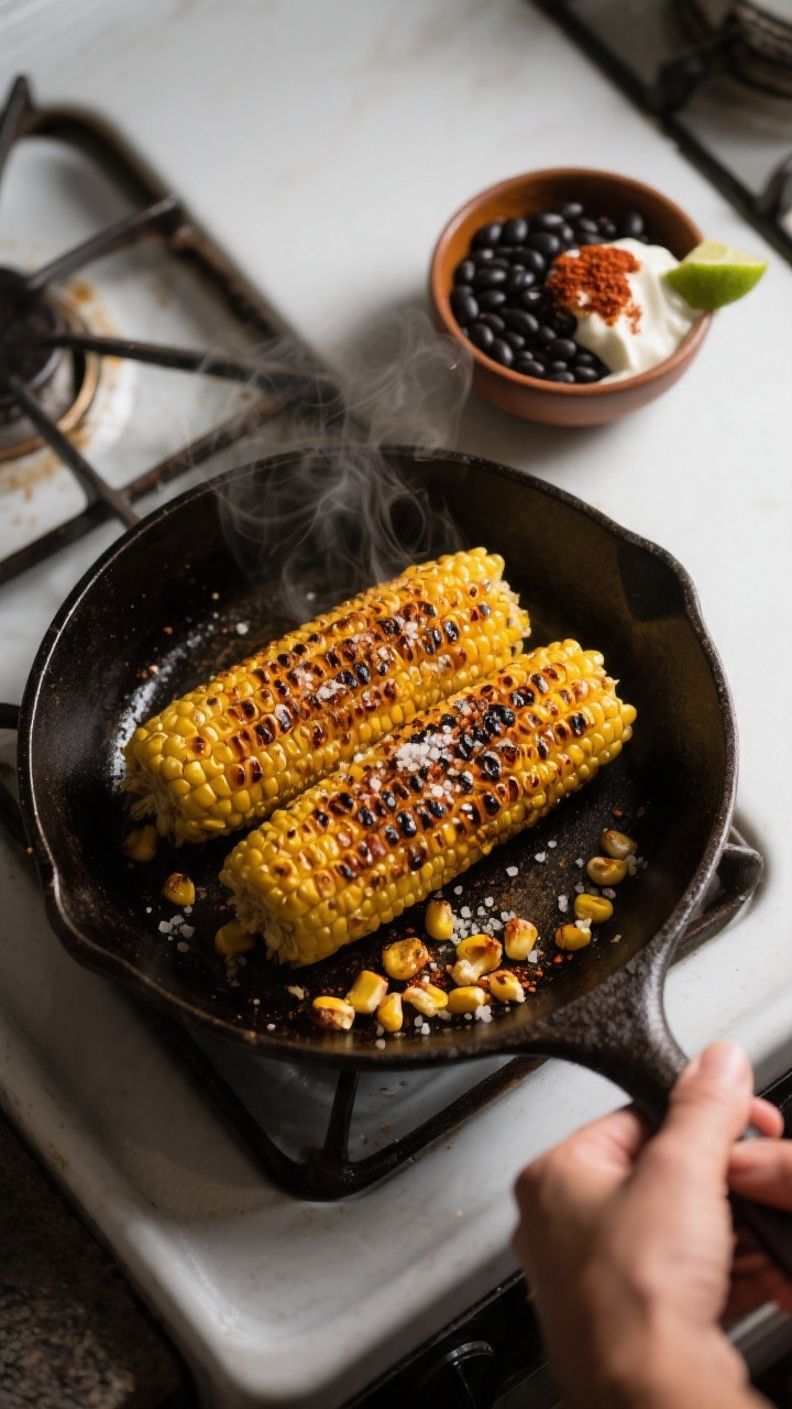 Cooking process: Overhead shot of corn being charred in a dry cast-iron skillet, golden-brown bliste