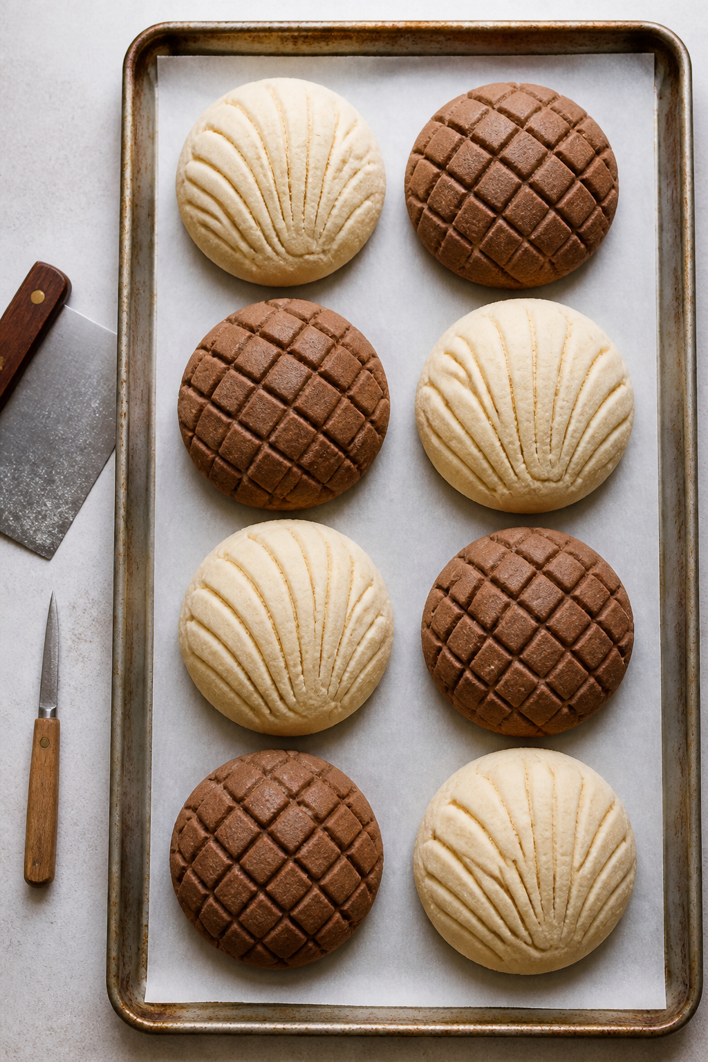 Cooking process: Overhead shot of shaped concha dough balls after second rise, each topped with even