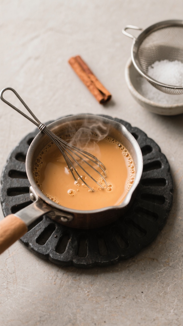 Cooking process: Overhead shot of the creamer gently steaming in a small saucepan during the spice-b