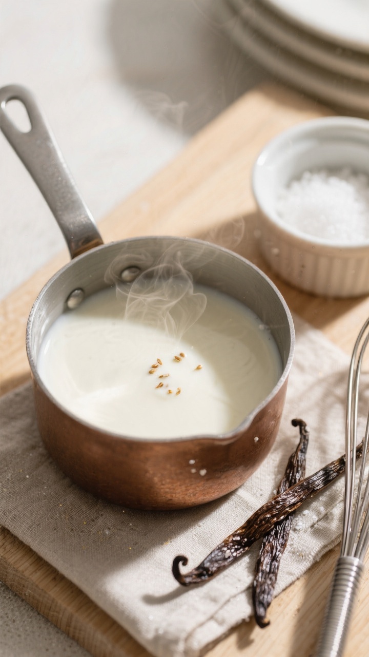Cooking process: Overhead shot of the just-warmed creamer in a small saucepan off heat, glossy surfa