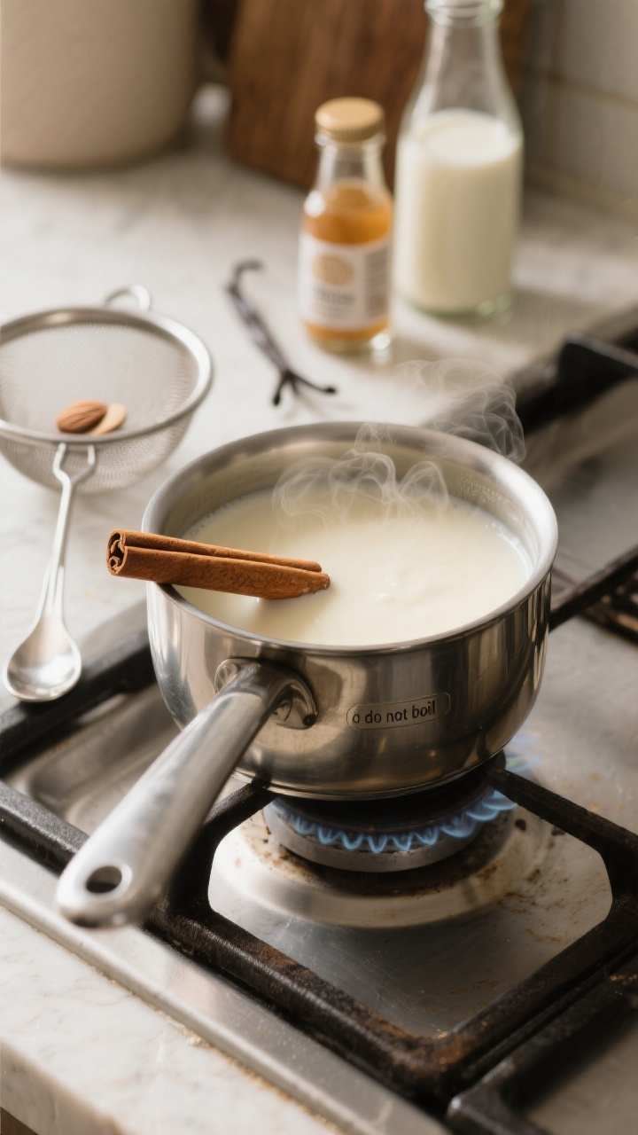 Cooking process: Overhead shot of the prepared creamer just off the heat in a small stainless saucep