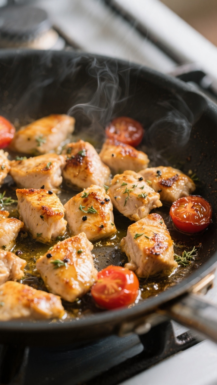Cooking process — Searing chicken: Golden-browned bite-size chicken pieces sizzling in a large sta
