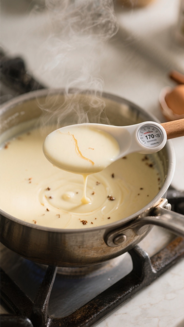 Cooking process shot: eggnog creamer gently thickening in a saucepan over low heat, a heatproof spat