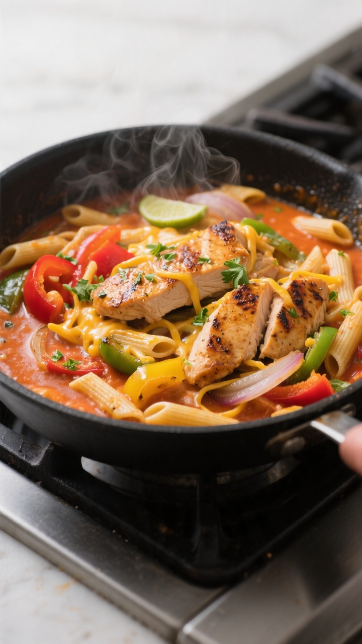 Cooking process: Sizzling chicken fajita pasta base in a deep skillet—golden seared chicken slices