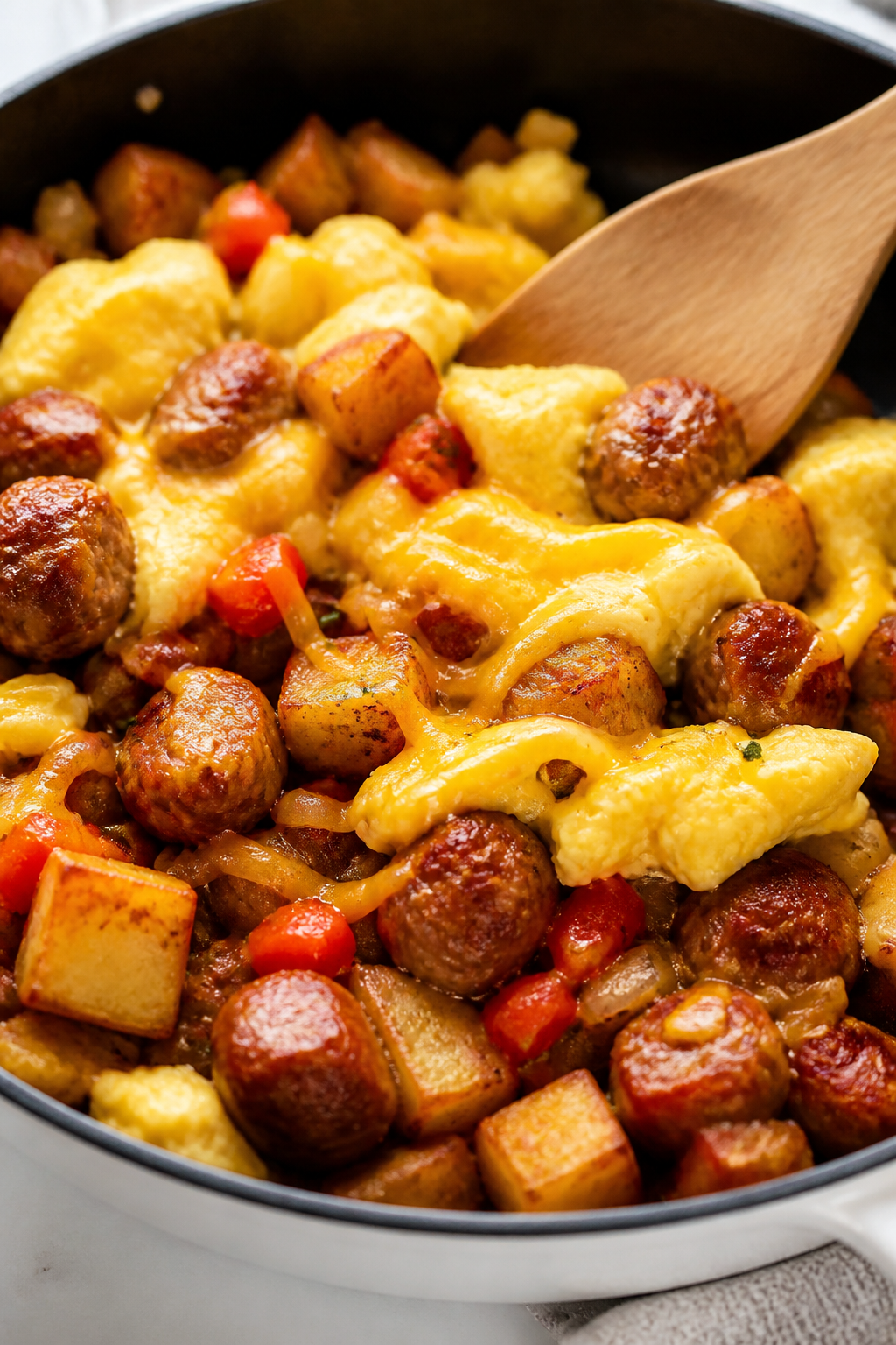 Cooking process: Soft-scrambled eggs being folded into the potato–sausage–pepper–onion mixture
