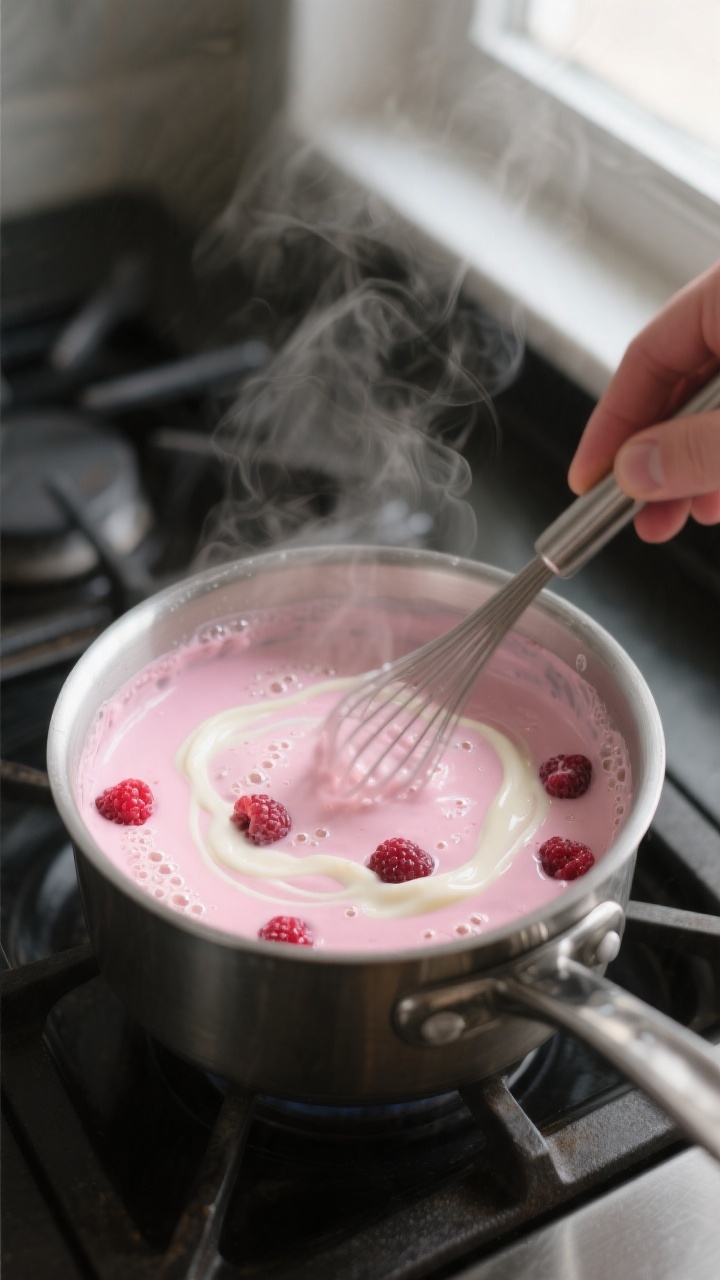 Cooking process: Steaming saucepan of pink-tinged white chocolate raspberry creamer being gently whi