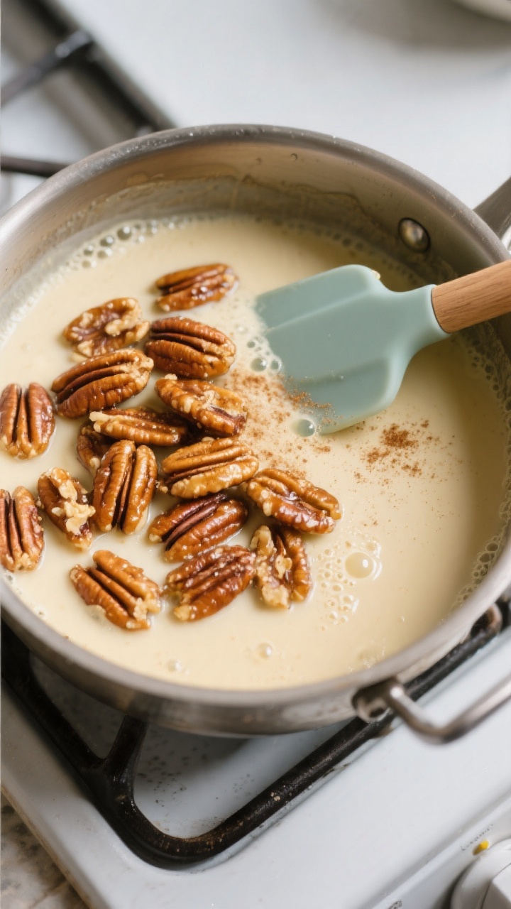 Cooking process: Steeping stage captured overhead—golden-brown, butter-coated pecans resting in a 