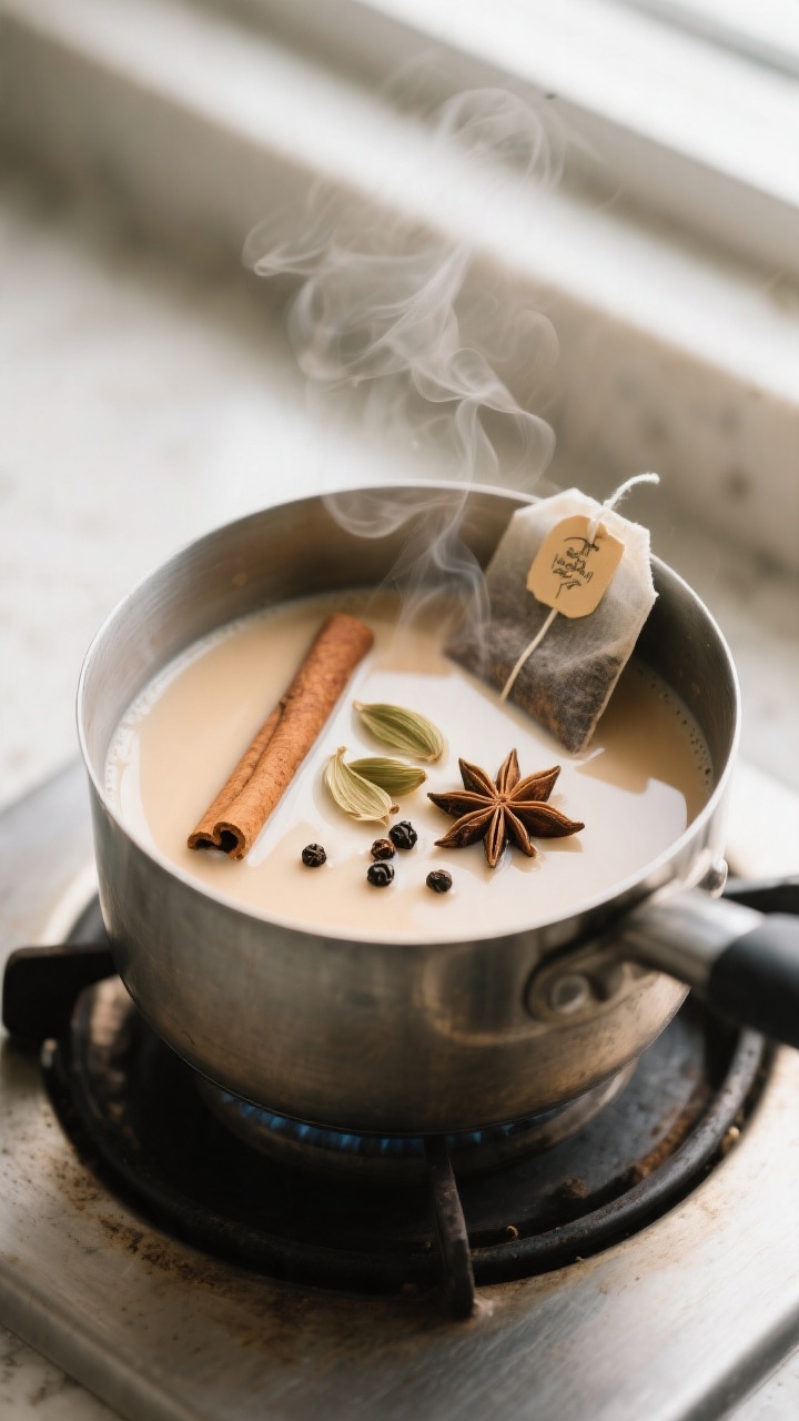 Cooking process, stovetop infusion: A small saucepan of steaming chai spice creamer mid-simmer, milk