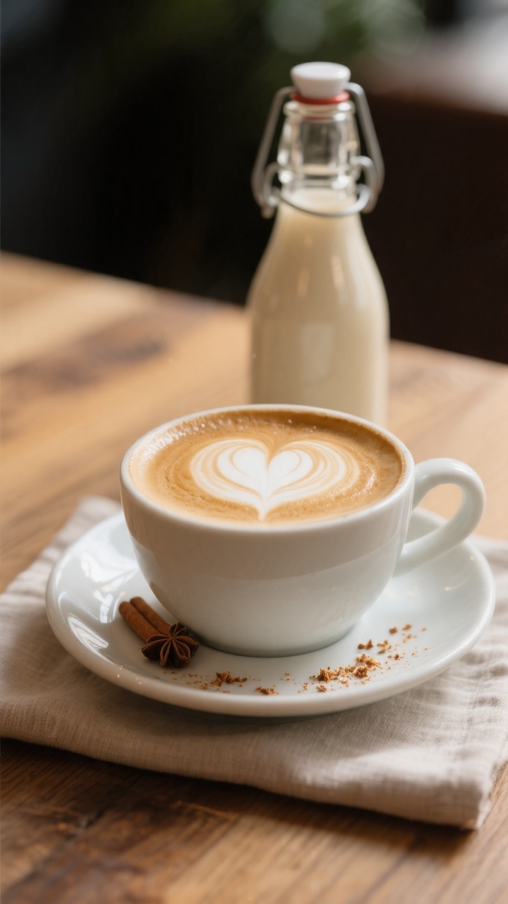 Final dish presentation: A barista-style latte in a wide white cup topped with light, glossy foam ma