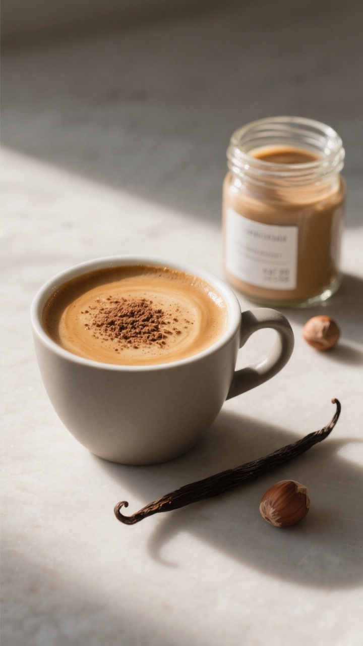 Final dish presentation: A beautifully styled café-style scene featuring a finished cup of coffee w