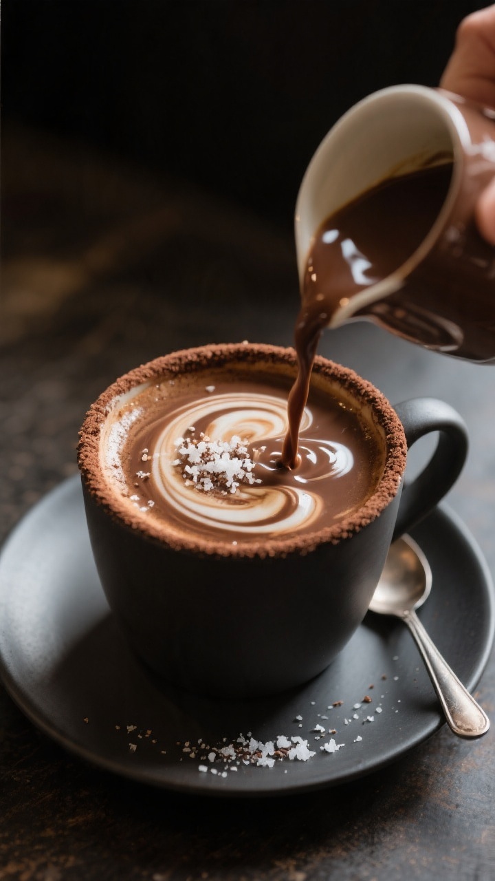 Final dish presentation: A café-style mug of hot coffee with a dramatic mocha creamer pour captured