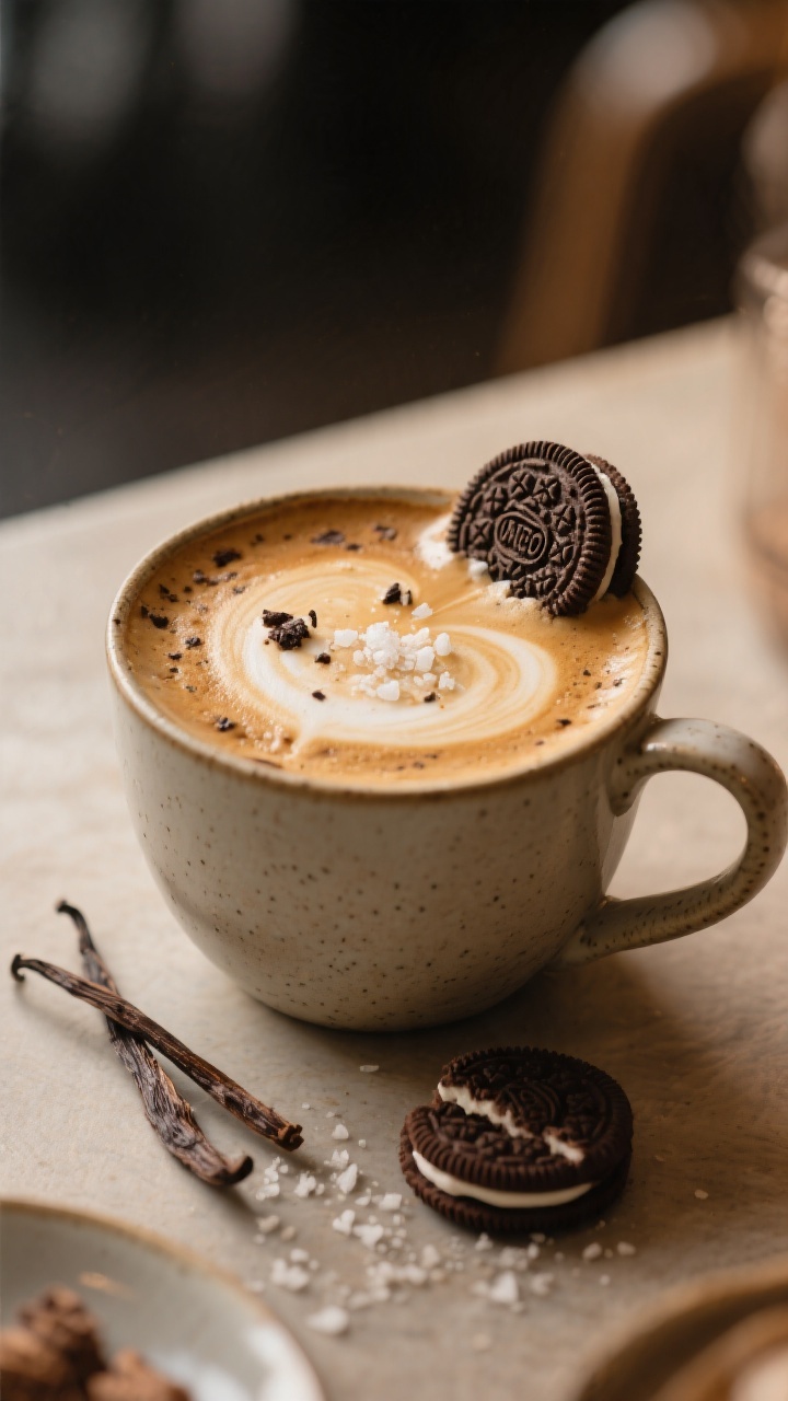 Final dish presentation: A latte-style hot coffee in a wide ceramic mug with 1–2 tablespoons of co