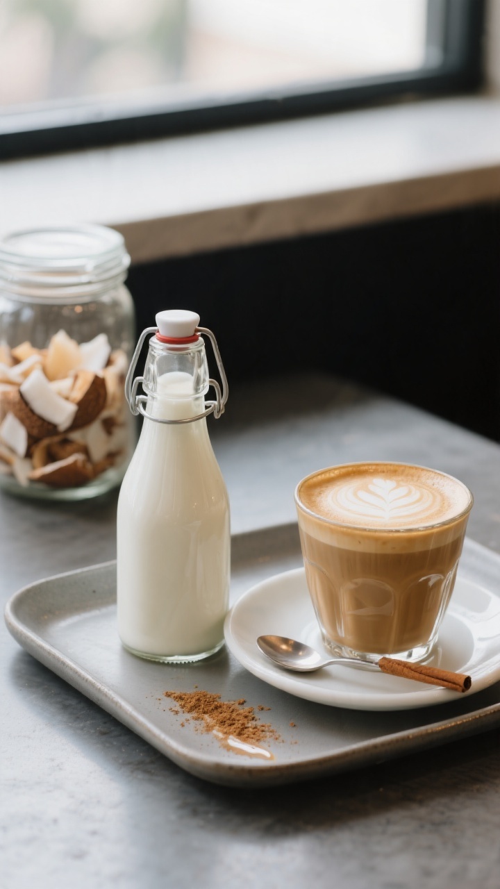 Final dish presentation, café-style: Beautifully plated finished coconut cream creamer in a clear s