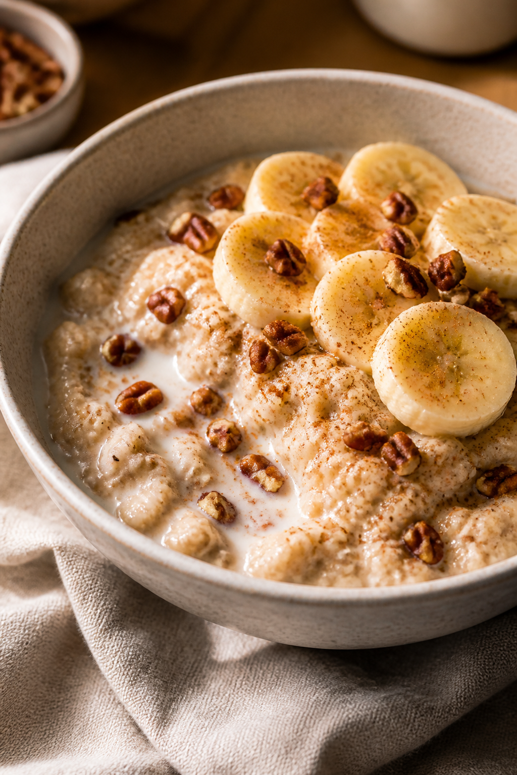 Final dish presentation, close-up: A restaurant-quality bowl of tres leches overnight oats stirred t