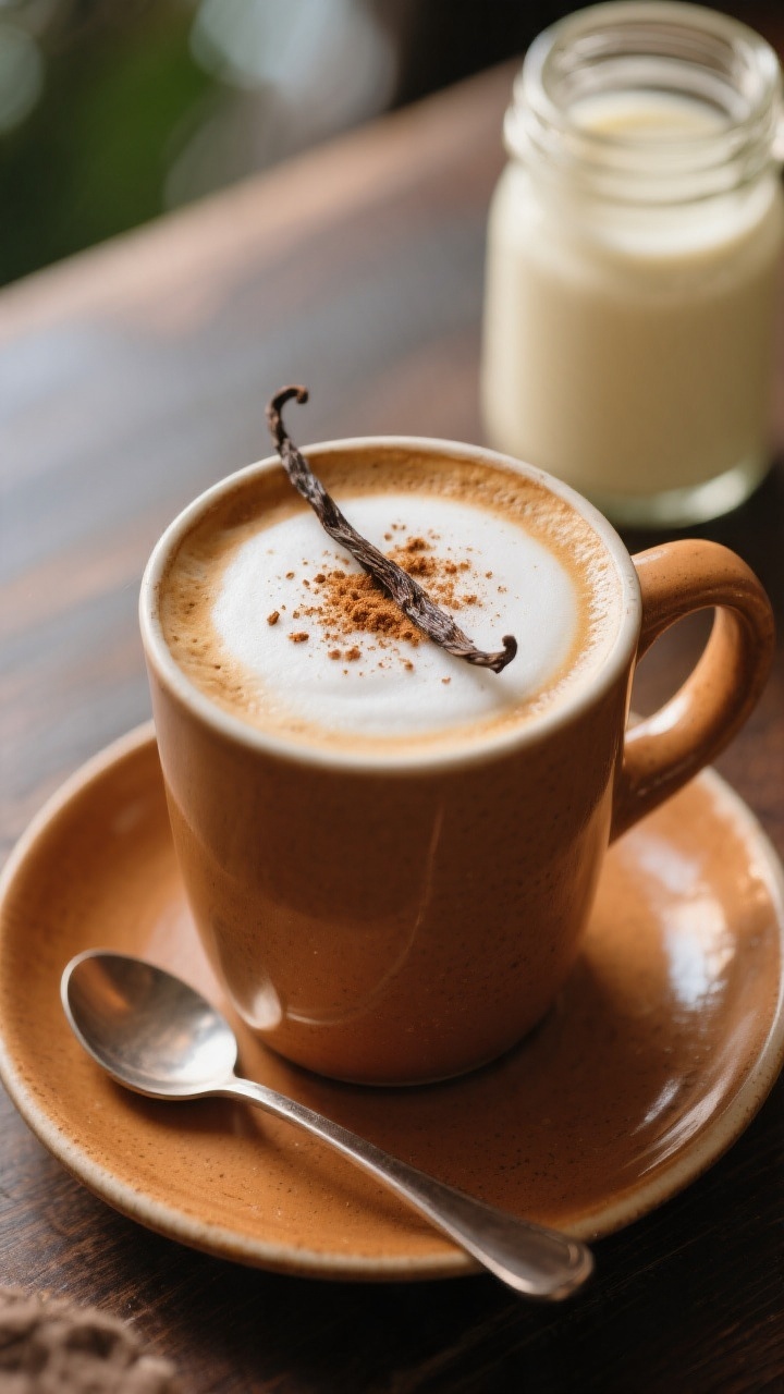 Final dish presentation: Cozy cafe-style mug of hot coffee finished with the cinnamon vanilla creame