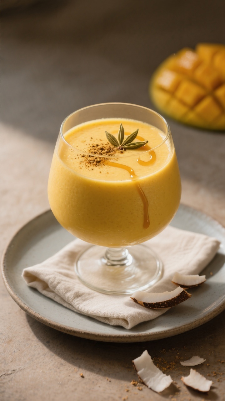 Final dish presentation: Restaurant-quality mango lassi–inspired smoothie served thick in a stemle