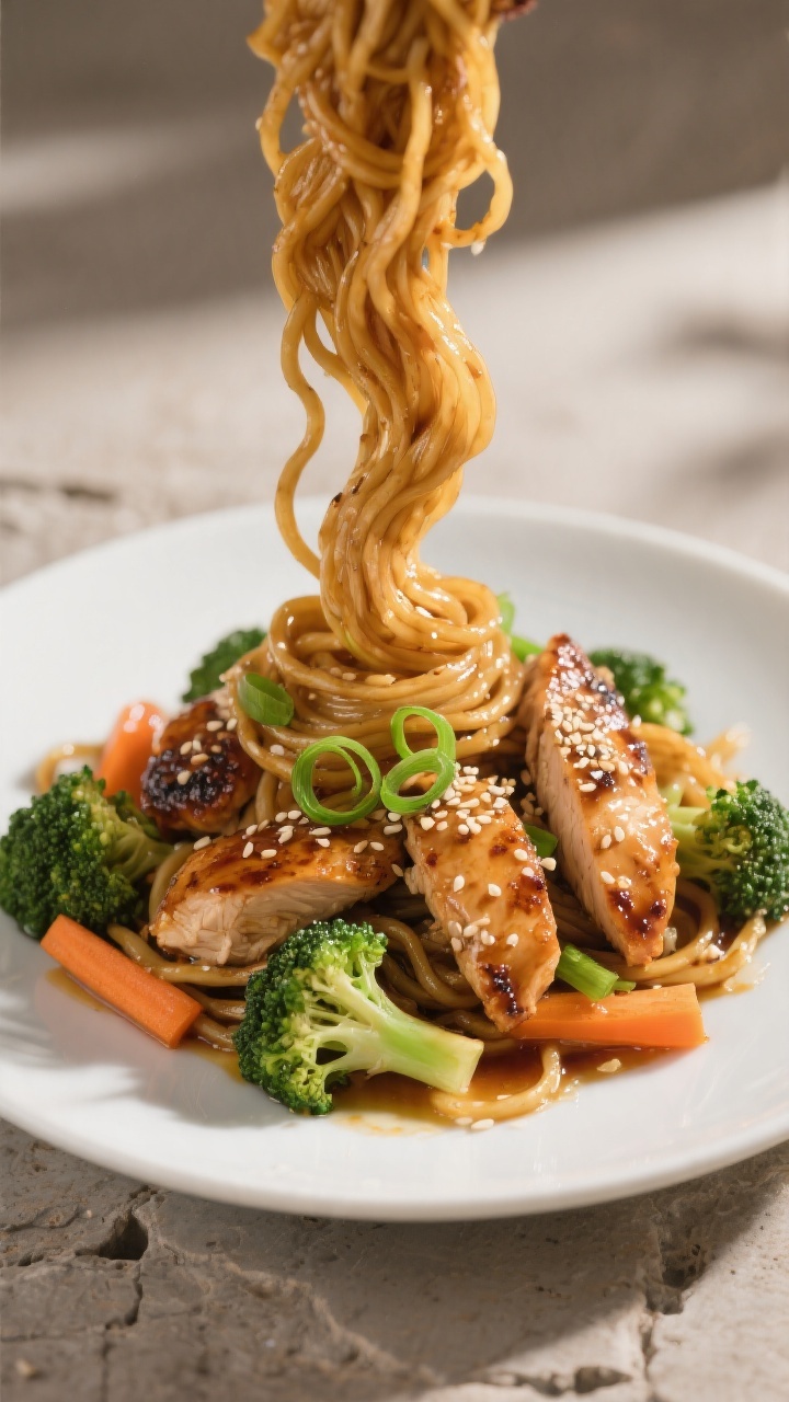 Final dish presentation: Restaurant-quality plate of Sticky Garlic Chicken Noodles twirled high for 