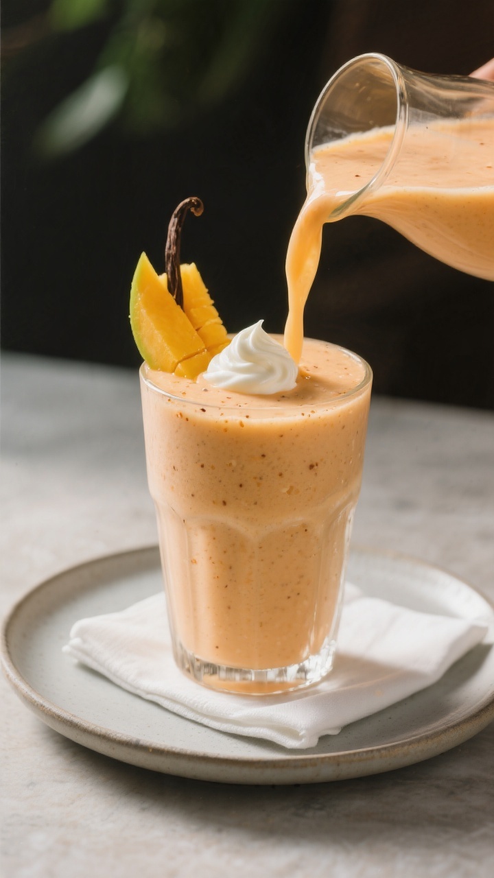 Final dish presentation: Restaurant-quality pour shot finish—smoothie being poured into a frosted 