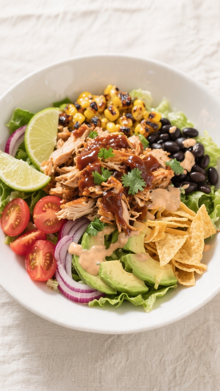 Final dish top view: Beautifully assembled BBQ Chicken Salad Bowl in a wide, shallow white bowl—ch