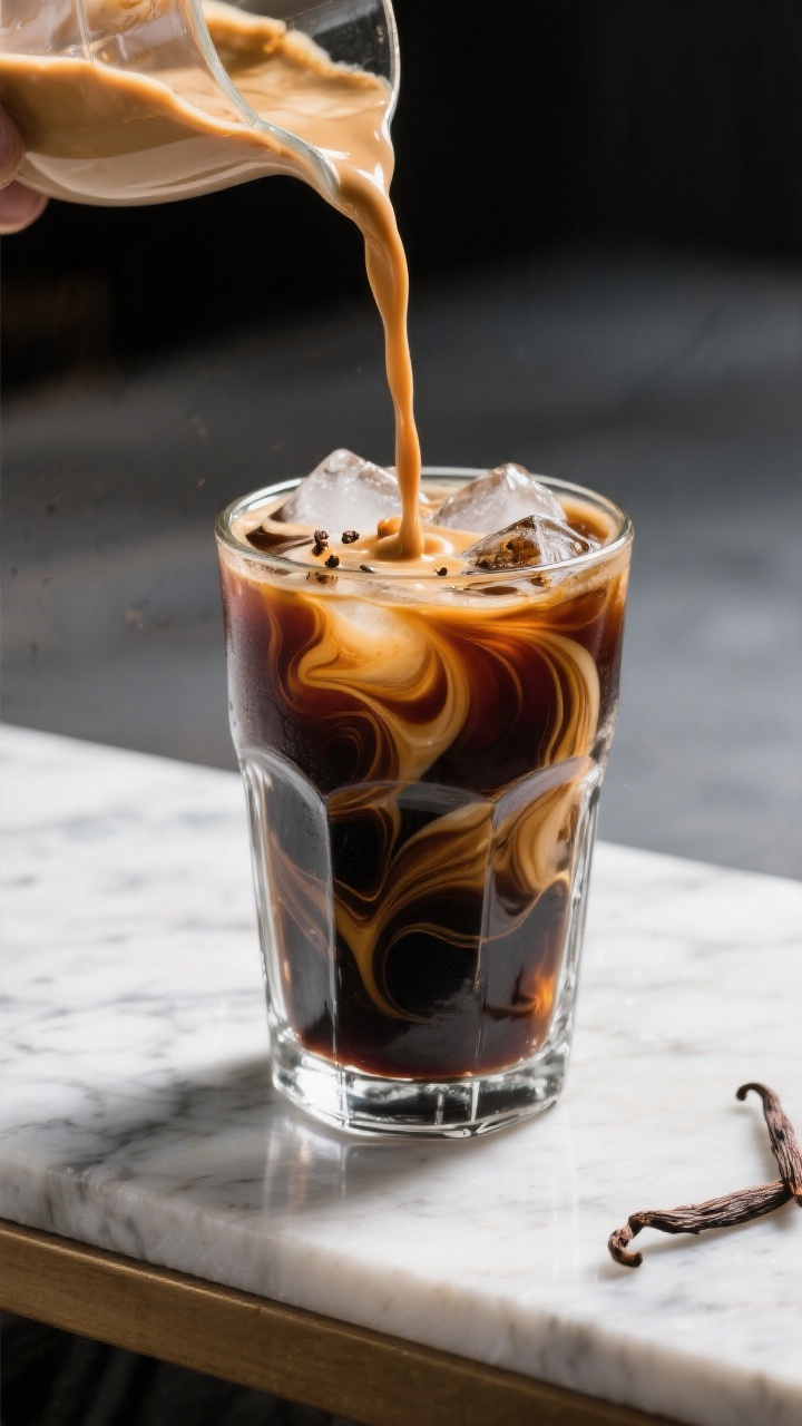 Final drink presentation: Beautifully styled iced coffee with caramel macchiato creamer being poured