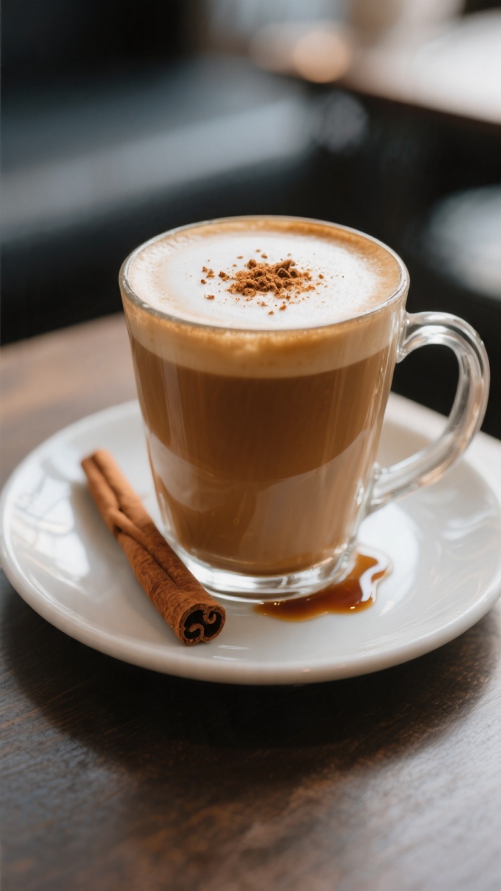 Final drink presentation: Close-up of a latte in a clear glass mug made with gingerbread creamer—c