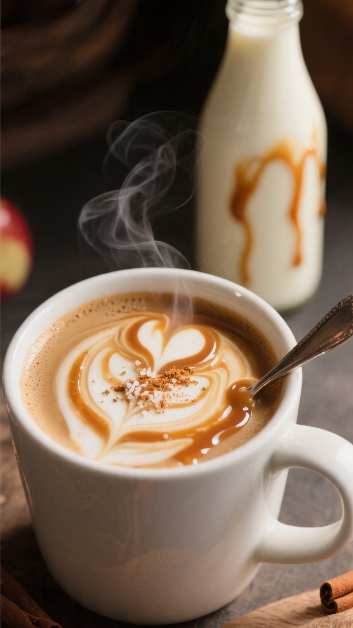 Final drink presentation: Close-up of a steaming mug of coffee swirled with Caramel Apple Creamer, s