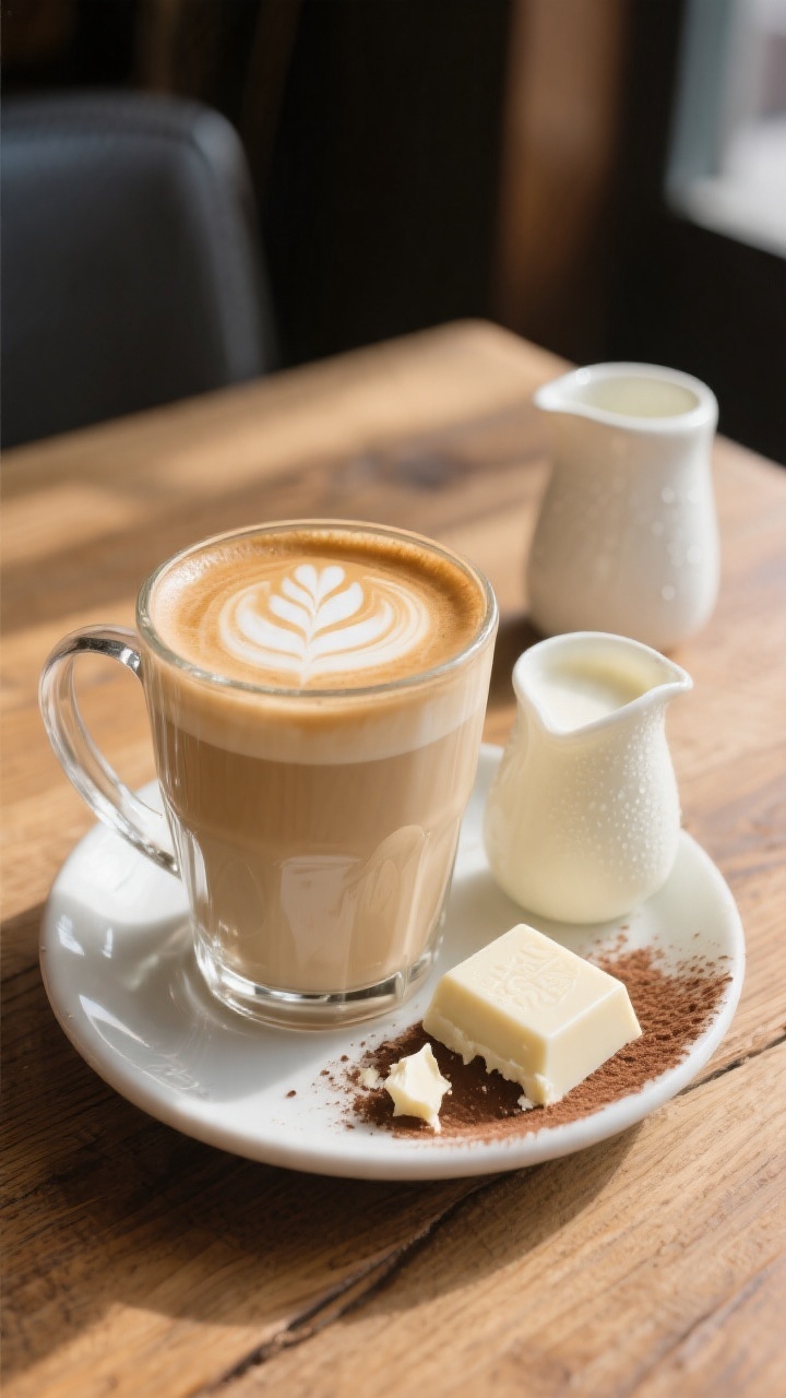 Final drink presentation: Cozy café-style latte in a clear glass mug made with the White Chocolate 