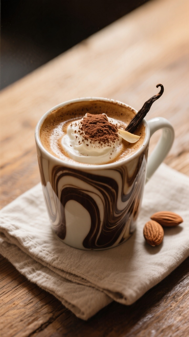 Final drink presentation: Restaurant-quality cappuccino-style mug of hot coffee swirled with tiramis