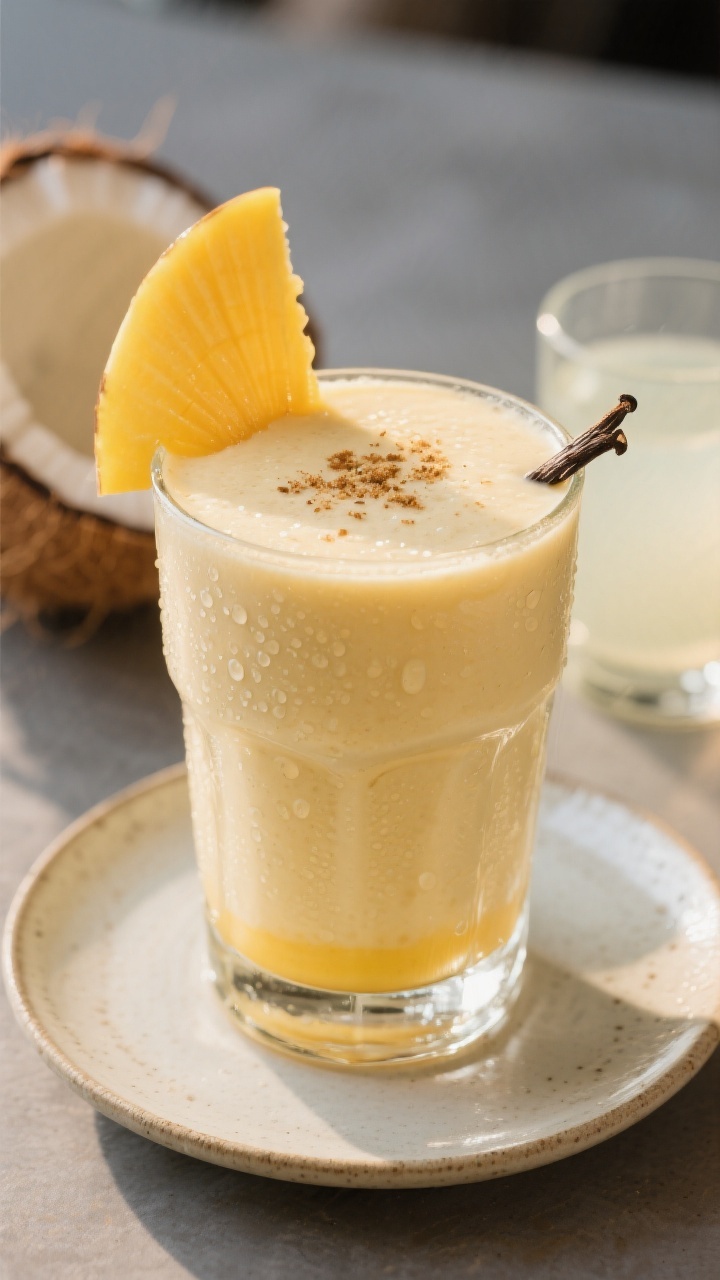 Final drink presentation: Restaurant-quality glass of banana–mango smoothie, ultra-smooth and glos