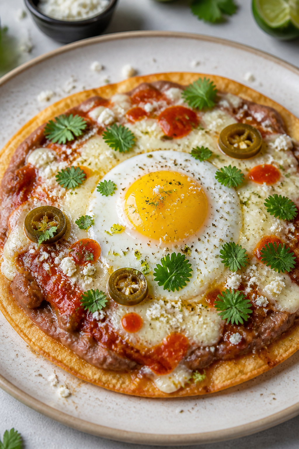 Final plated beauty, close-up hero: Restaurant-quality presentation of a Huevos Rancheros–style to