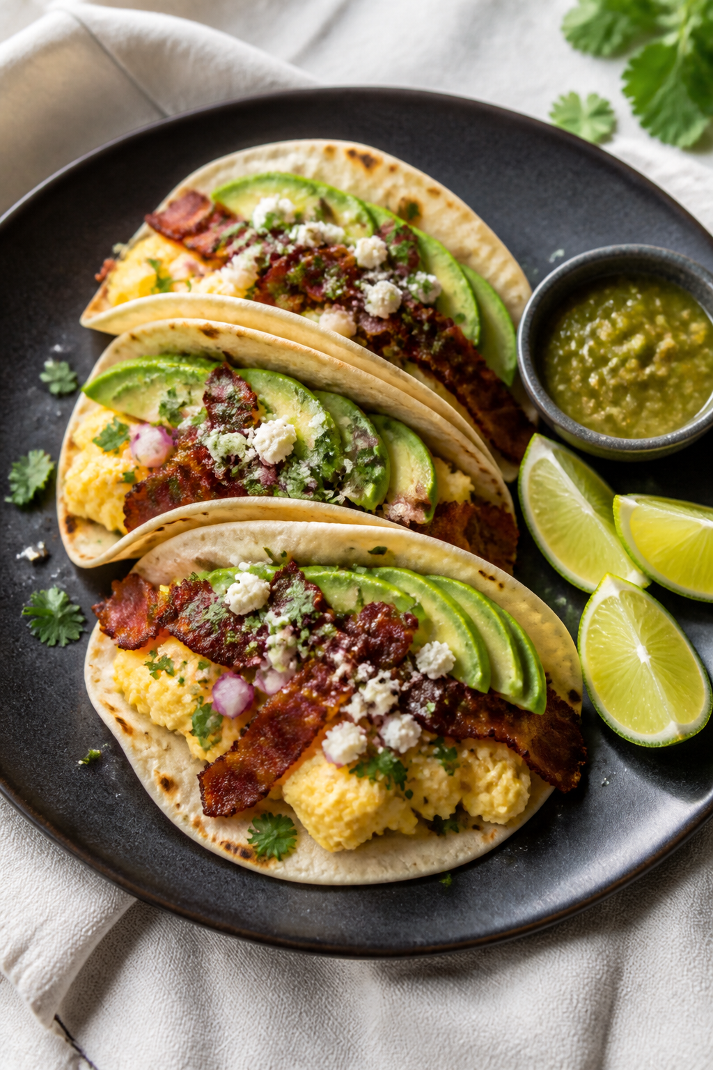Final plated beauty shot: Breakfast tacos with crispy bacon shards, fluffy scrambled eggs, and fanne