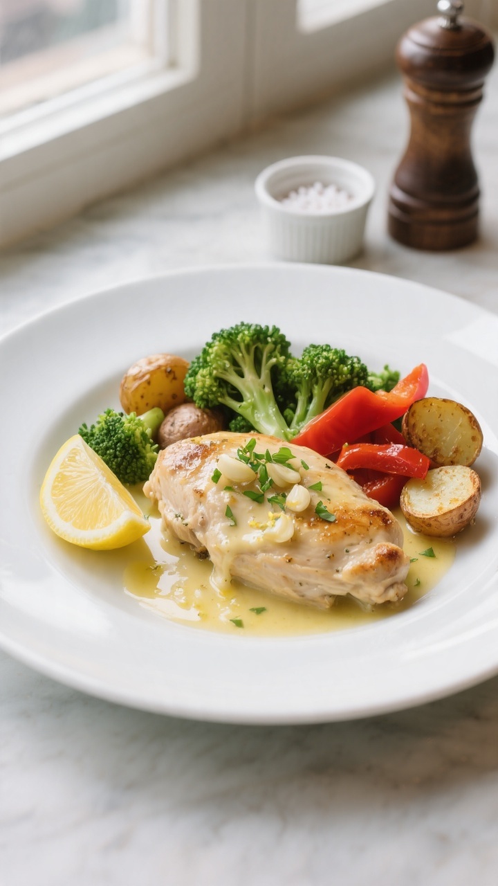 Final plated dish, : Beautifully plated portion of garlic butter chicken with roasted baby potatoes,