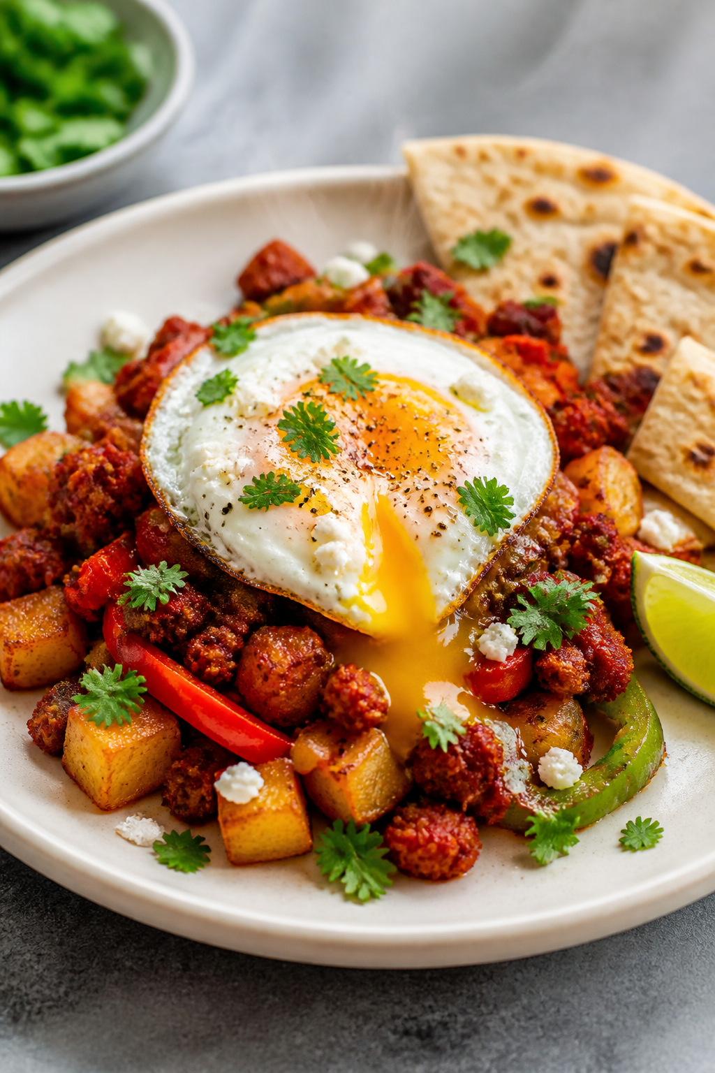 Final plated dish, : Beautifully plated portion of chorizo breakfast skillet on a wide white ceramic