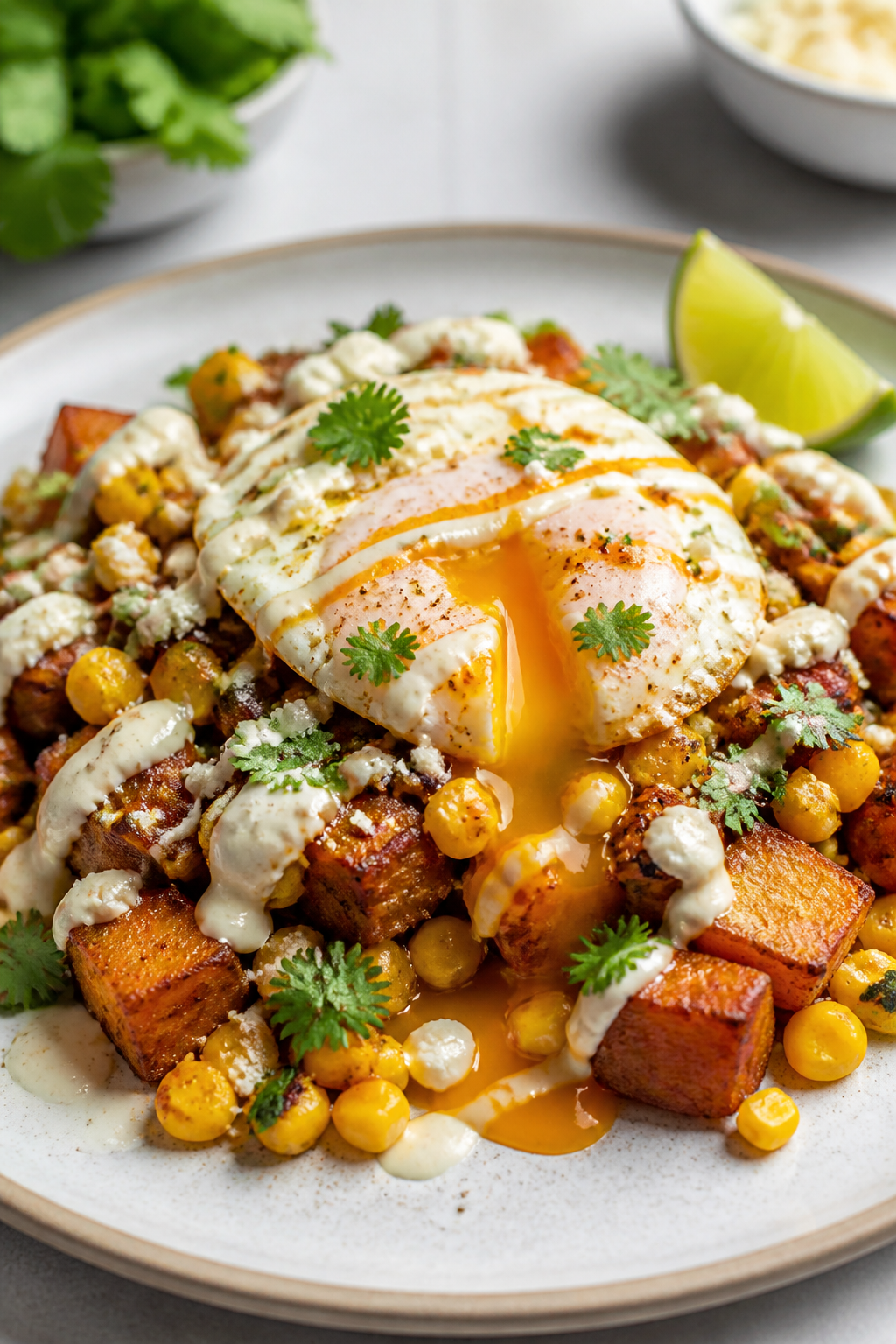 Final plated dish, plated beauty: A single-serve portion of Mexican Street Corn Hash with a jammy eg
