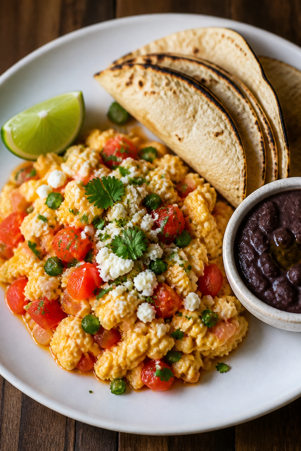 Final plated dish, restaurant-quality: Beautifully plated Huevos a la Mexicana piled softly on a war