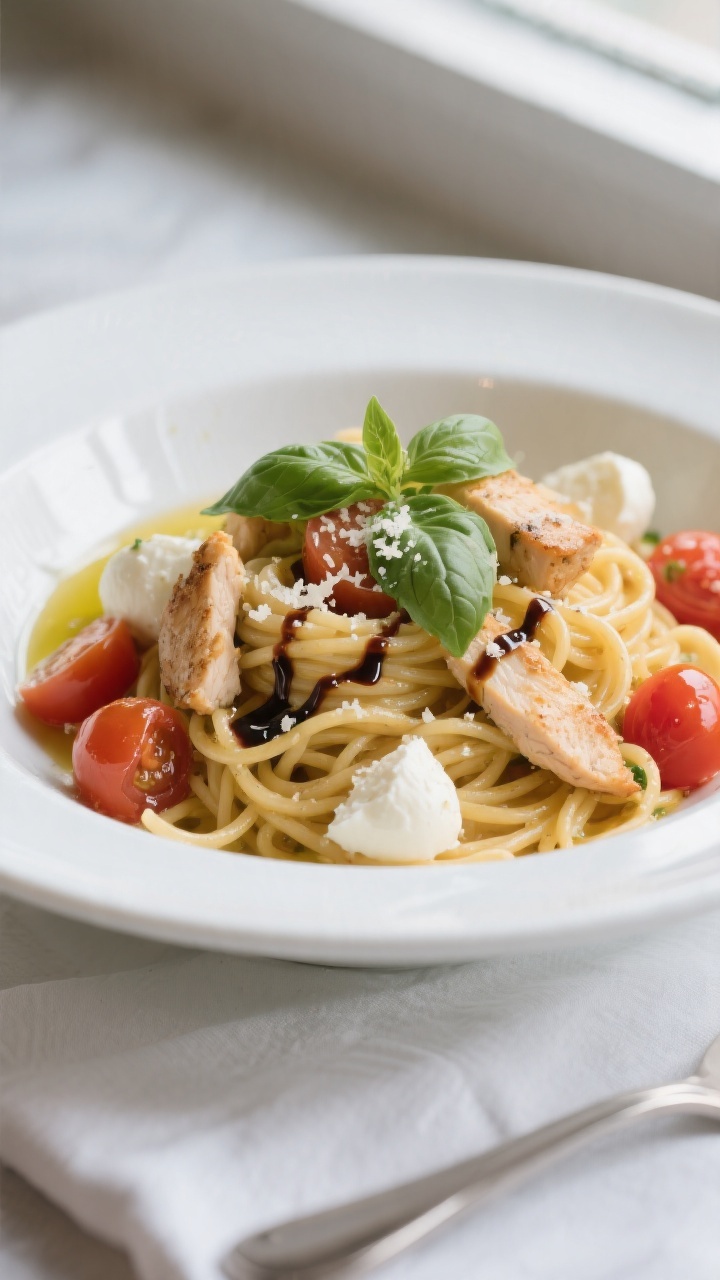 Final plated dish — Restaurant-quality presentation: Beautifully plated Caprese Chicken Pasta in a