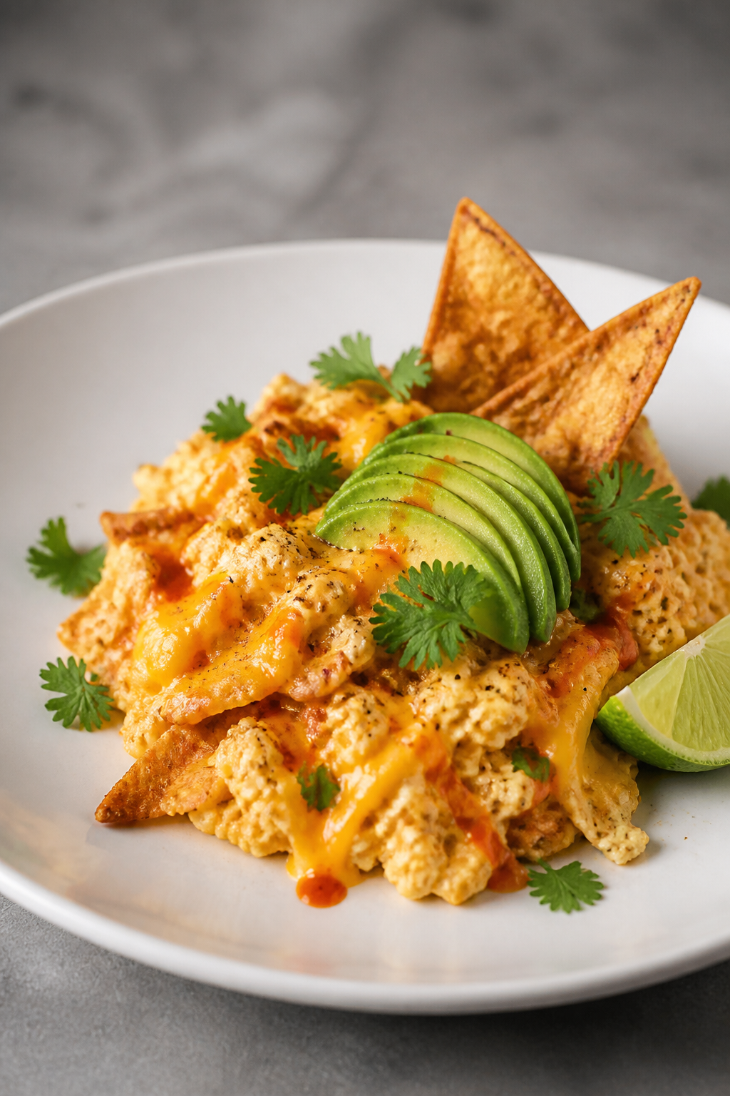 Final plated dish: Restaurant-quality presentation of migas spooned onto a warm, wide white plate, c