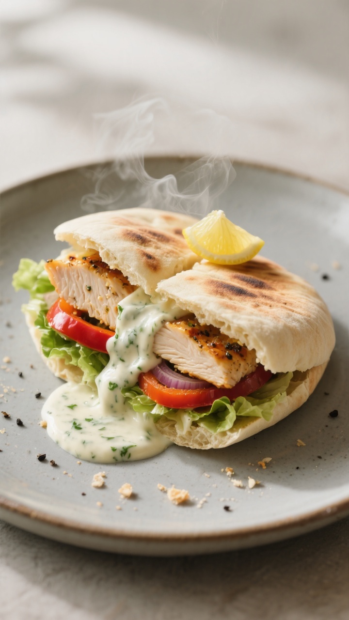 Final plated hero shot, 3/4 angle: a single stuffed chicken pita on a matte ceramic plate, cut cross