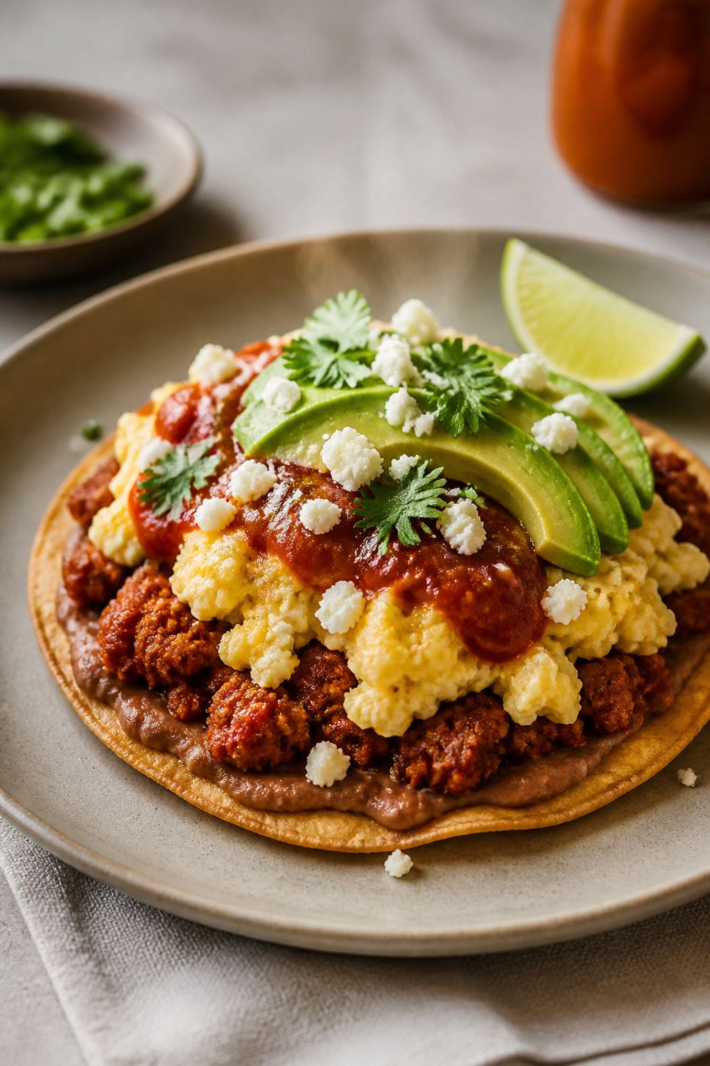 Final plated hero shot: Chorizo and egg breakfast tostadas assembled—thin layer of beans, generous