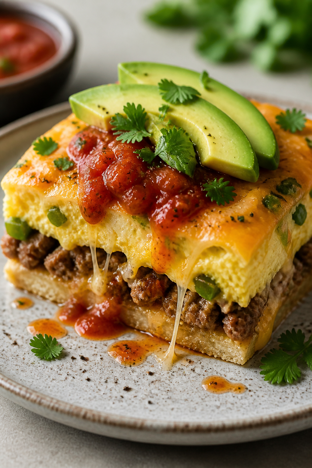 Final plated slice, close-up detail: A clean square of the casserole showing distinct layers—corn 