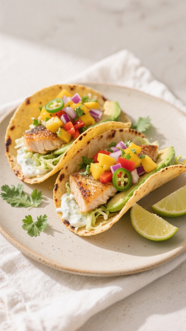 Final plated tacos beauty shot: Two assembled fish tacos on a neutral ceramic plate, warm charred co