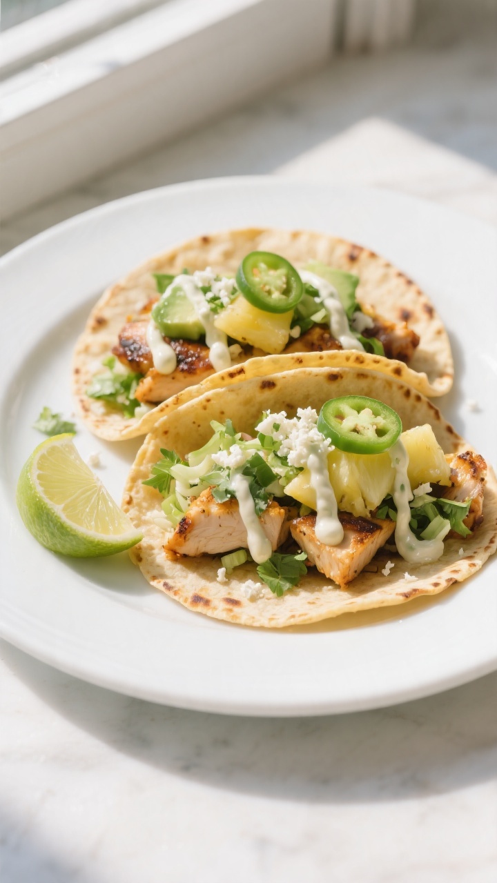 Final plated tacos beauty shot: Two pineapple chicken tacos on warm, lightly blistered corn tortilla